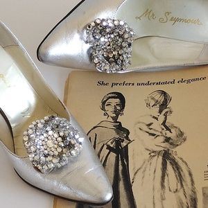 *Mr. Seymour Crystal Flower Silver Metallic Leather Heels Vintage